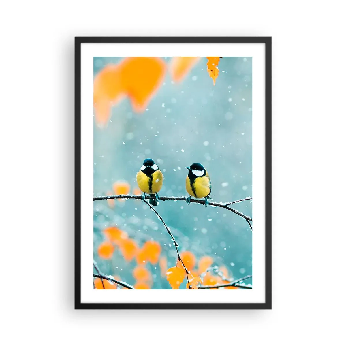 Pôster com moldura preta - Dois peitos sentados em um galho em uma paisagem de inverno - 50x70cm - Fofoca de pássaros - Decoração de parede moderna para a sala de estar e quarto ARTTOR
