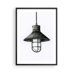 Pôster com moldura preta - Esboço de uma luminária pendente industrial - 50x70cm - Como antigamente… - Decoração de parede moderna para a sala de estar e quarto ARTTOR