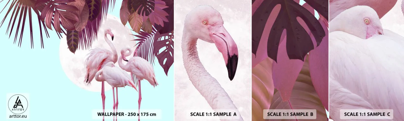 Amostra de Papel de Parede Standard Eco - Três graças de pássaros - Flamingos, Pássaros, Natureza - 100x30 cm