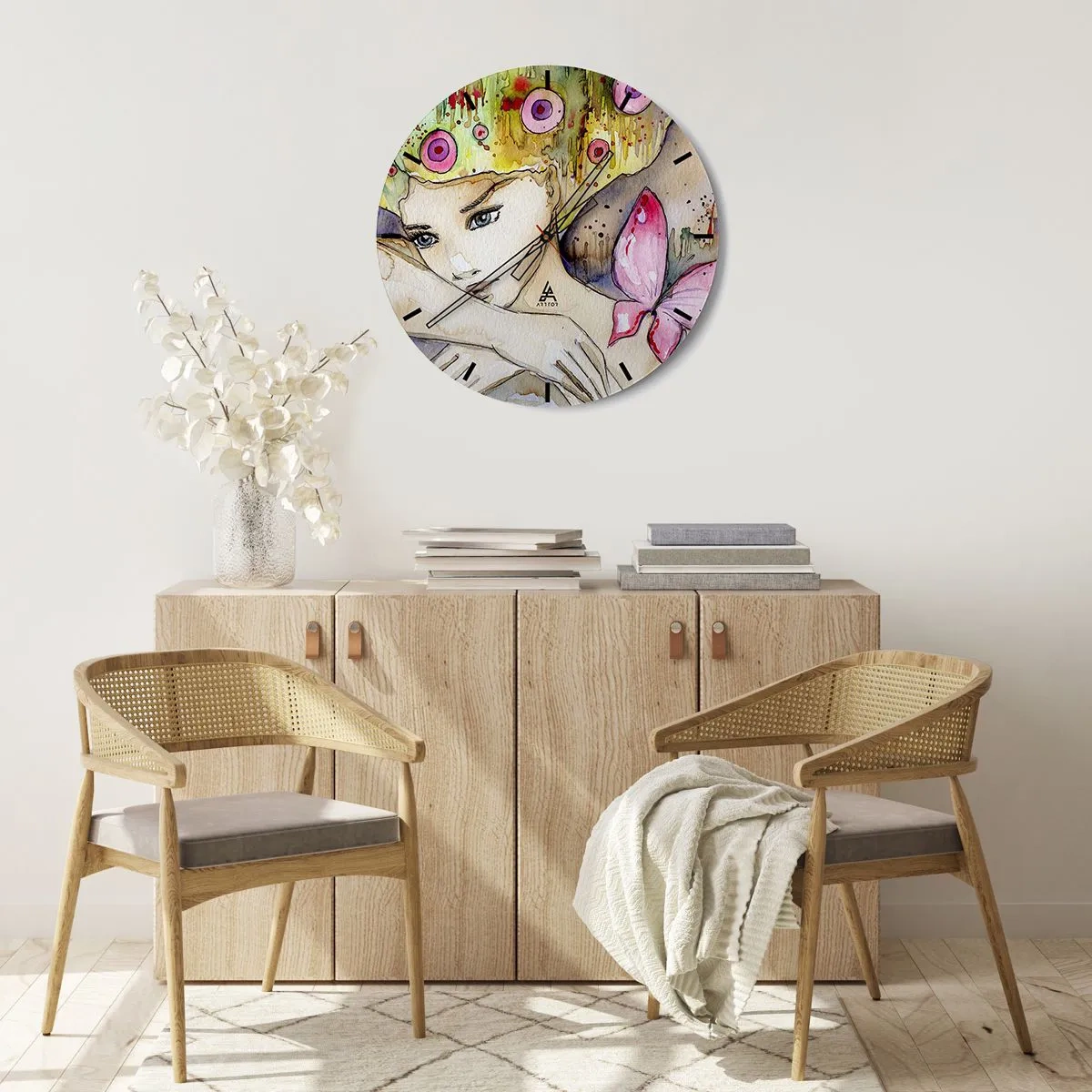 Relógio de parede - Relógio em vidro - Uma pintura em aquarela de uma mulher com um motivo de borboleta e detalhes coloridos. - 30x30cm - Princesa borboleta - Decoração de parede moderna para a sala de estar, cozinha e quarto ARTTOR
