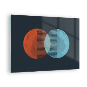 Quadro em vidro - Dois planetas coloridos que se cruzam com um padrão geométrico - 70x50cm - Fantasia astronómica - Decoração de parede moderna para a sala de estar e quarto ARTTOR