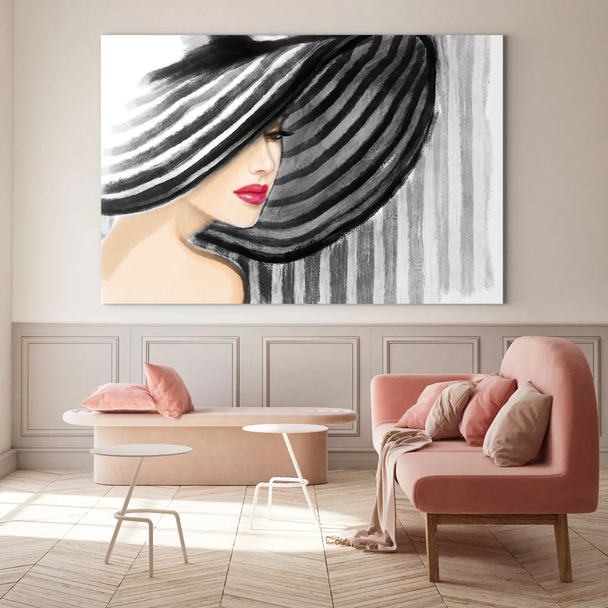 Quadro em vidro - Mulher estilosa com um chapéu listrado preto e branco - 70x50cm - Onde encontrar-te? - Decoração de parede moderna para a sala de estar e quarto ARTTOR