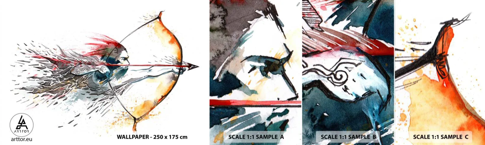 Amostra de Papel de Parede Standard Eco - Guerreiro mítico com um arco de fogo - Abstração, Pistoleiro, Tiro de arco - 100x30 cm