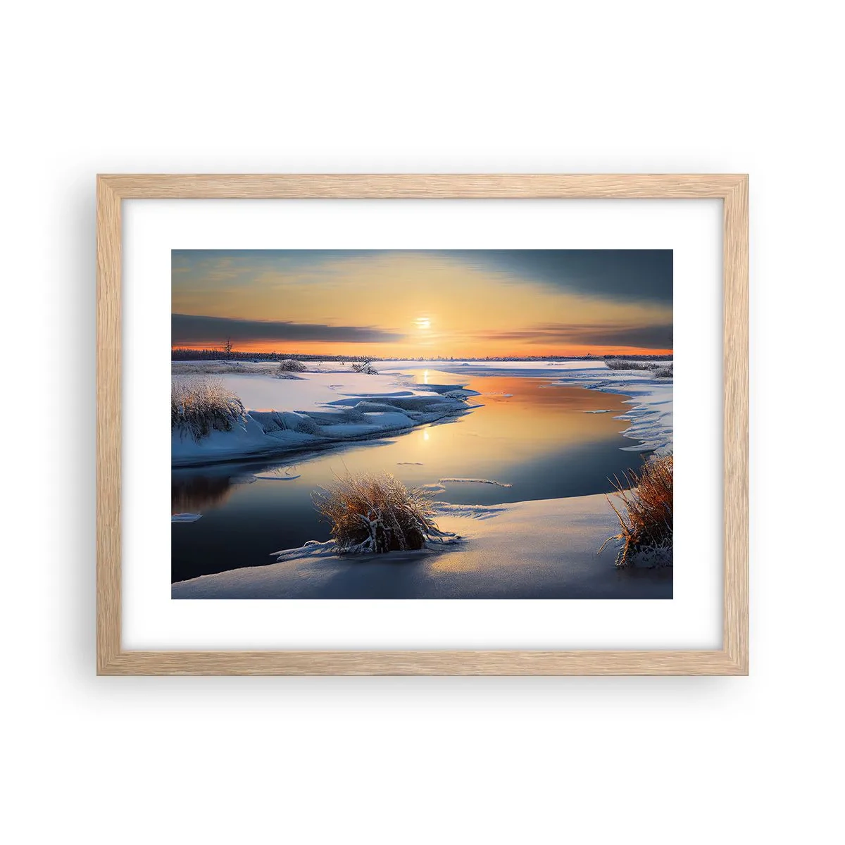 Pôster com moldura de carvalho claro - Pôr do sol de inverno - 40x30 cm