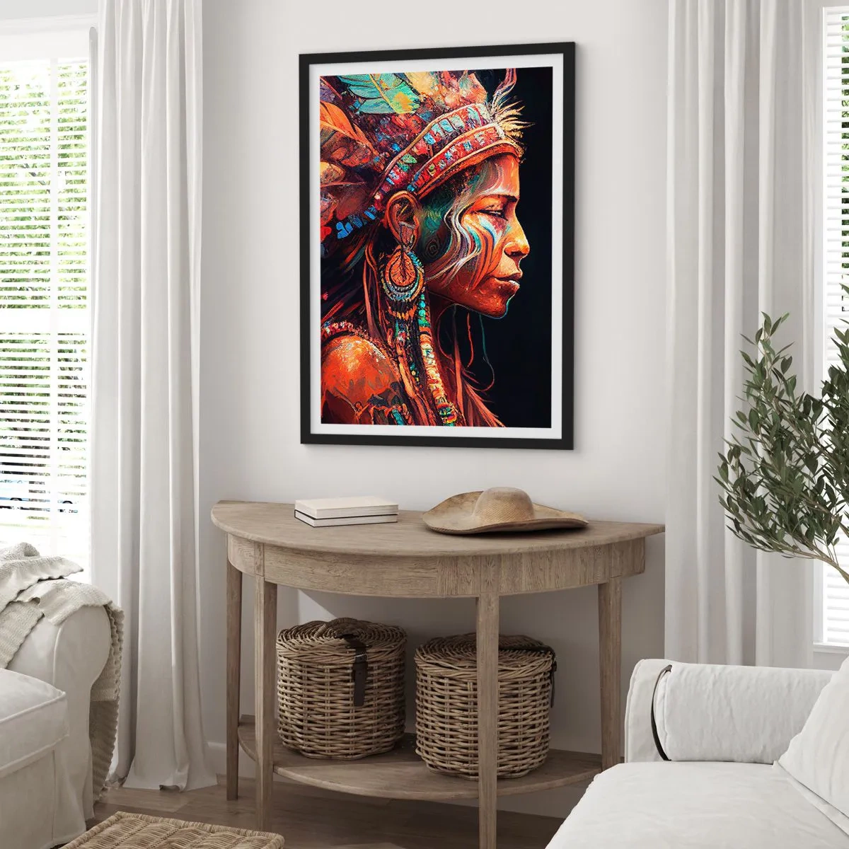Pôster com moldura preta - Retrato de uma mulher com um cocar de penas tradicional - 50x70cm - Ritual mágico - Decoração de parede moderna para a sala de estar e quarto ARTTOR