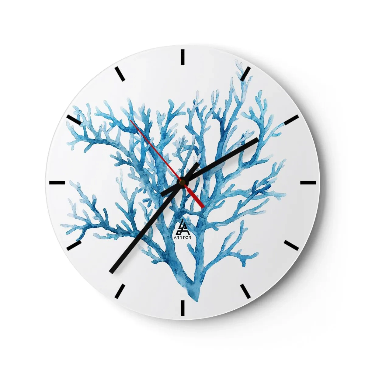 Relógio de parede - Relógio em vidro - Ilustração de coral azul sobre fundo branco - 30x30cm - Filigrana náutica - Decoração de parede moderna para a sala de estar, cozinha e quarto ARTTOR