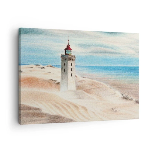 Quadro em tela - Um farol cercado por dunas de areia e um céu azul - 70x50cm - Sempre a olhar para o mar - Decoração de parede moderna para a sala de estar e quarto ARTTOR
