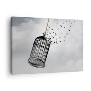 Quadro em tela - Pássaros voando para fora de uma gaiola contra o céu - 70x50cm - Fé... Esperança... Liberdade! - Decoração de parede moderna para a sala de estar e quarto ARTTOR