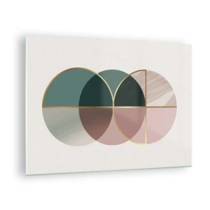 Quadro em vidro - Formas geométricas com tons de verde e rosa sobre fundo claro - 70x50cm - Círculo entre círculos… - Decoração de parede moderna para a sala de estar e quarto ARTTOR