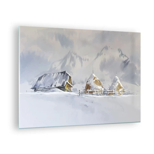 Quadro em vidro - Paisagem de inverno com uma casa de campo e palheiros nas montanhas - 70x50cm - No vale nevado - Decoração de parede moderna para a sala de estar e quarto ARTTOR