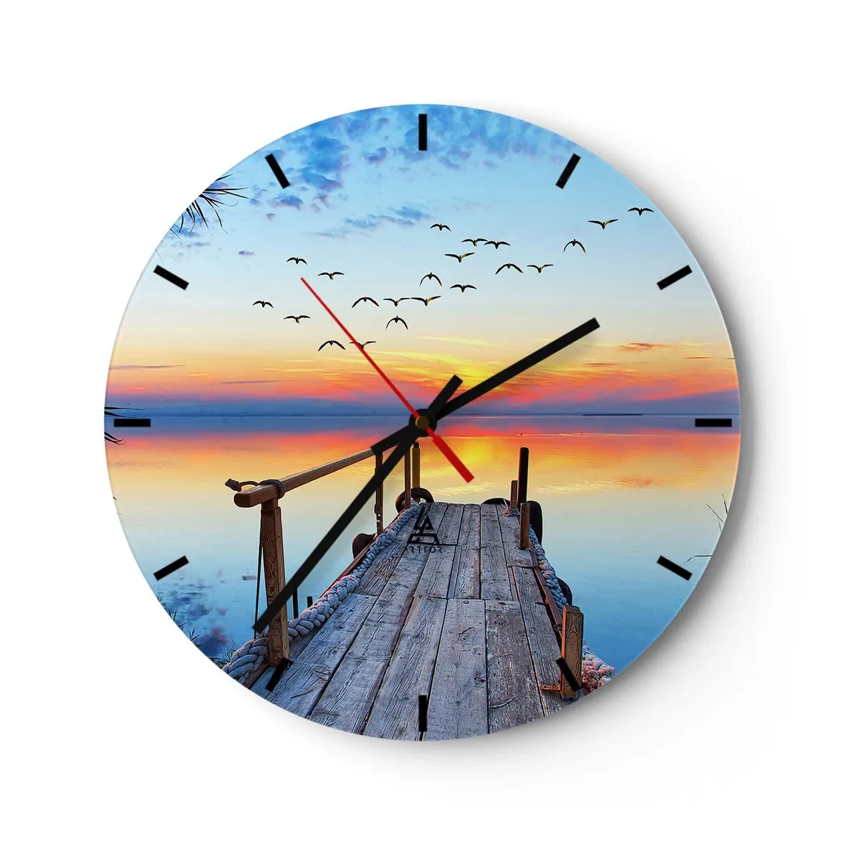Relógio de parede - Relógio em vidro - Um píer no lago sob os raios do sol poente - 30x30cm - É hora de voltar... - Decoração de parede moderna para a sala de estar, cozinha e quarto ARTTOR