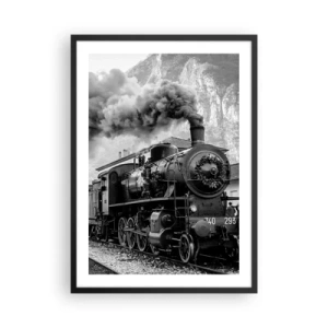Pôster com moldura preta - Uma locomotiva a vapor com vapor ascendente em um ambiente montanhoso - 50x70cm - À espera na estação... - Decoração de parede moderna para a sala de estar e quarto ARTTOR