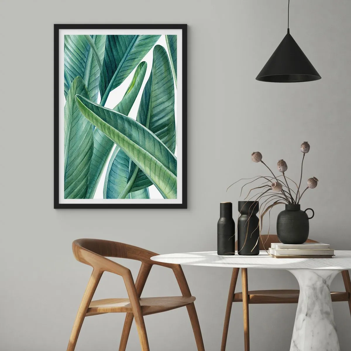 Pôster com moldura preta - Folhas de bananeira verde em estilo aquarela - 50x70cm - O próprio verde - Decoração de parede moderna para a sala de estar e quarto ARTTOR