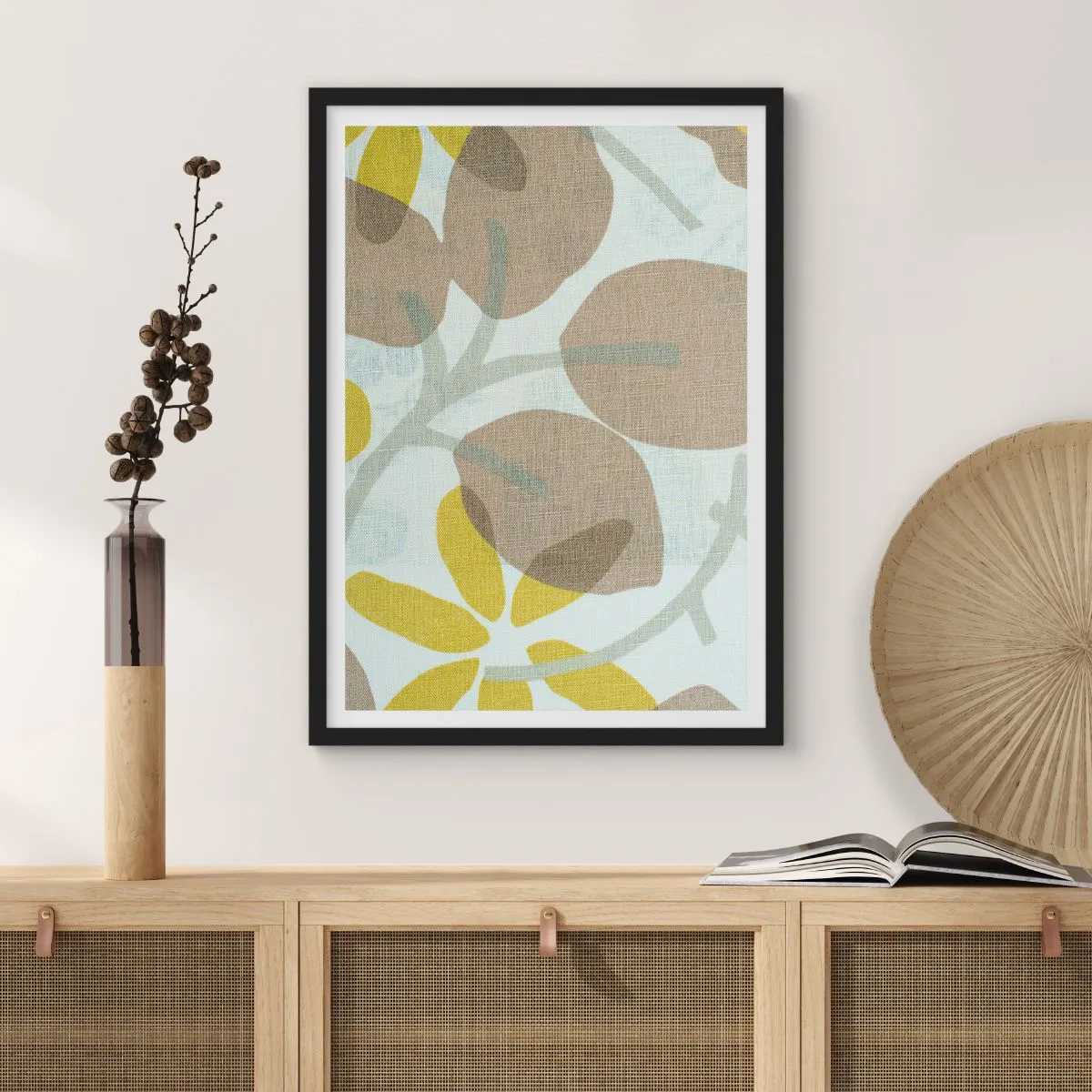 Pôster com moldura preta - Delicados gráficos botânicos em cores naturais - 50x70cm - Composição a pleno sol - Decoração de parede moderna para a sala de estar e quarto ARTTOR
