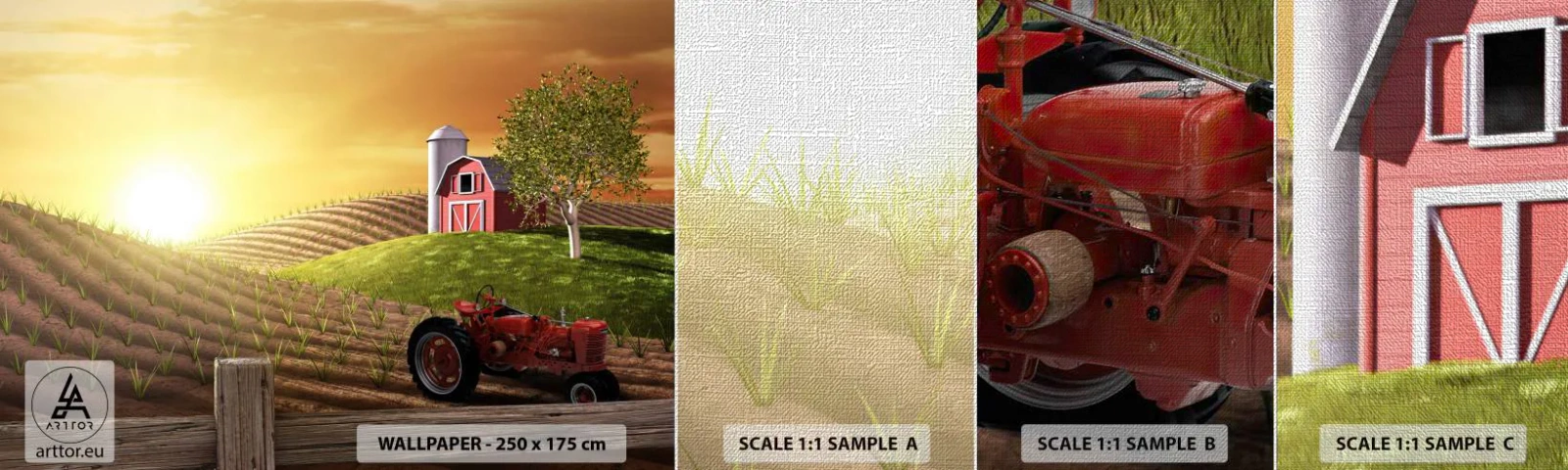 Amostra de papel de parede Premium Canvas - Uma fazenda como num conto de fadas - Fazenda, Paisagem, Trator - 100x30 cm