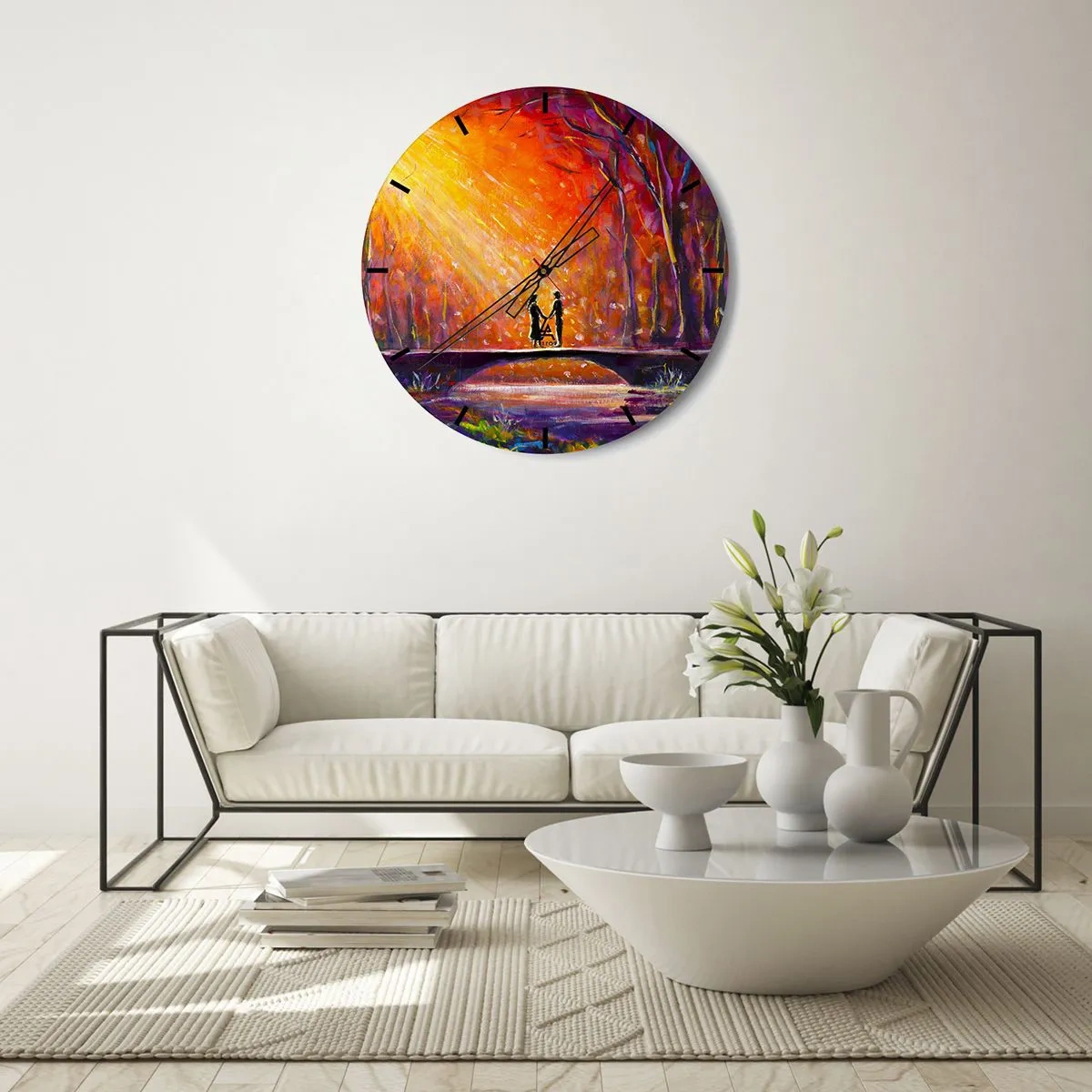 Relógio de parede - Relógio em vidro - Pôr do sol colorido sobre uma ponte na floresta - 30x30cm - O céu também os ama - Decoração de parede moderna para a sala de estar, cozinha e quarto ARTTOR
