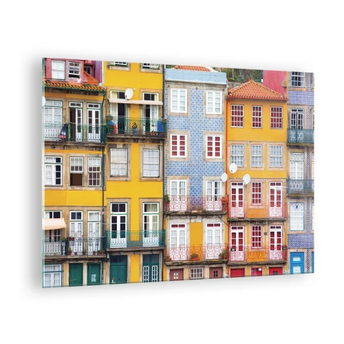 Quadro em vidro - Fachadas coloridas de casas de cortiço com detalhes de varanda - 70x50cm - Cores da cidade velha - Decoração de parede moderna para a sala de estar e quarto ARTTOR
