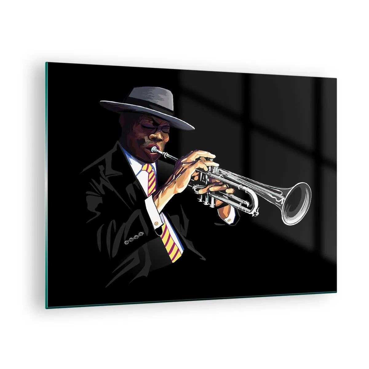 Quadro em vidro - Um músico negro com uma trombeta e um chapéu em um fundo preto - 70x50cm - Charme da velha escola - Decoração de parede moderna para a sala de estar e quarto ARTTOR