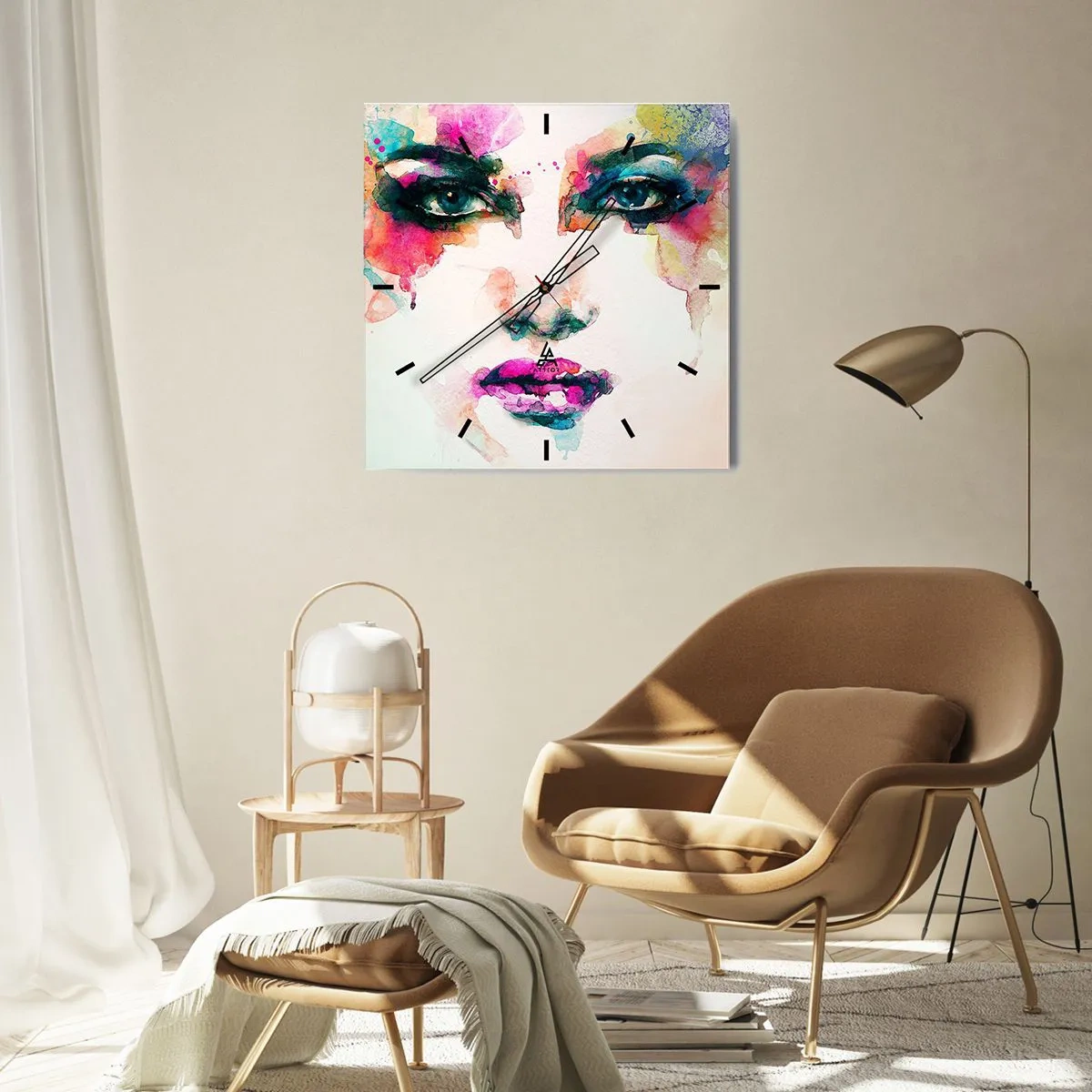 Relógio de parede - Relógio em vidro - Retrato pintado com o arco-íris - 30x30 cm