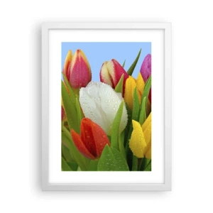 Pôster em moldura branca - Arco-íris floral em gotas de orvalho - 30x40 cm