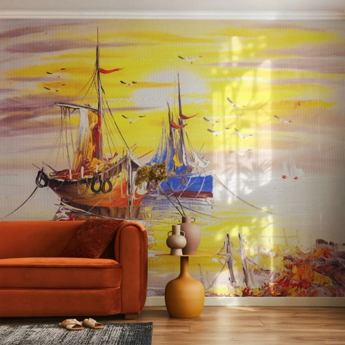 Papel de Parede Standard Eco - Veleiros em águas calmas nas cores quentes do pôr do sol - 100x70cm - Um merecido descanso no porto - Decoração de parede moderna para a sala de estar e quarto ARTTOR