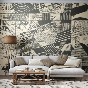 Papel de Parede Standard Eco - Abstração em preto e bege com padrões geométricos dinâmicos - 100x70cm - A dinâmica do presente - Decoração de parede moderna para a sala de estar e quarto ARTTOR