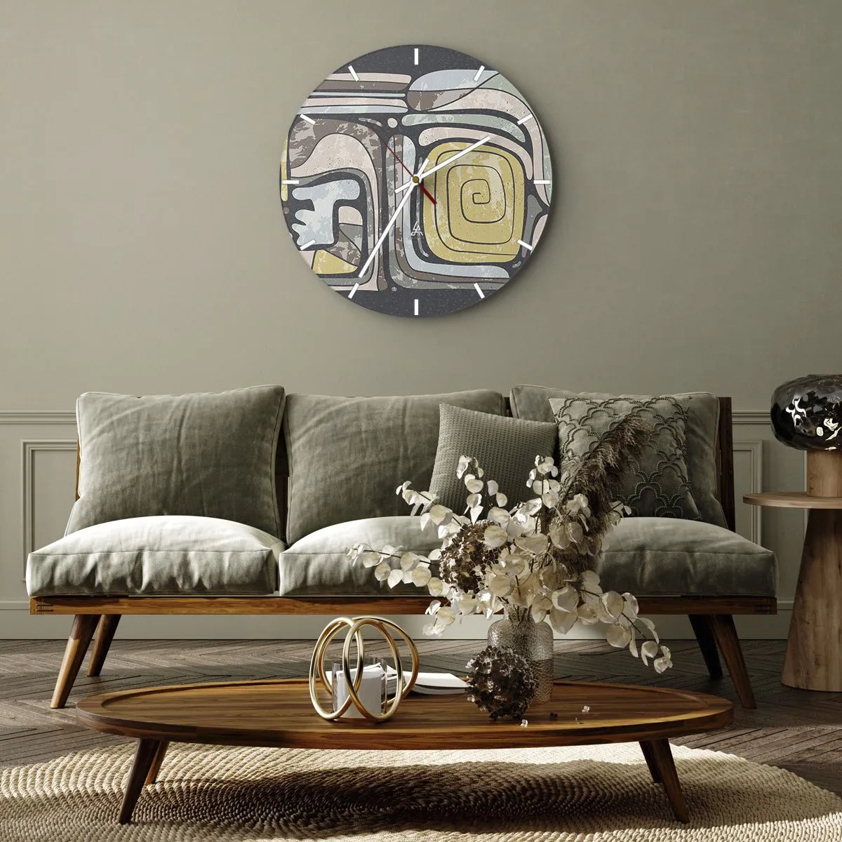 Relógio de parede - Relógio em vidro - Formas abstratas com motivo espiral em estilo étnico - 30x30cm - Abstração no espírito pré-colombiano - Decoração de parede moderna para a sala de estar, cozinha e quarto ARTTOR
