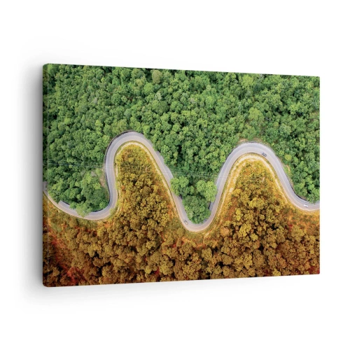 Quadro em tela - Uma estrada sinuosa através da floresta vista de um pássaro - 70x50cm - Fronteiras e descobertas - Decoração de parede moderna para a sala de estar e quarto ARTTOR