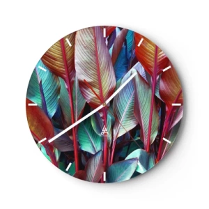 Relógio de parede - Relógio em vidro - Folhas coloridas de plantas tropicais - 30x30cm - Um matagal colorido - Decoração de parede moderna para a sala de estar, cozinha e quarto ARTTOR