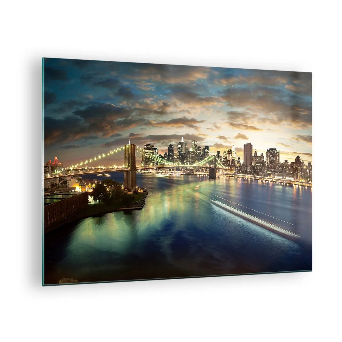Quadro em vidro - Vista da ponte e da cidade ao pôr do sol - 70x50cm - Uma noite bem iluminada em Manhattan - Decoração de parede moderna para a sala de estar e quarto ARTTOR