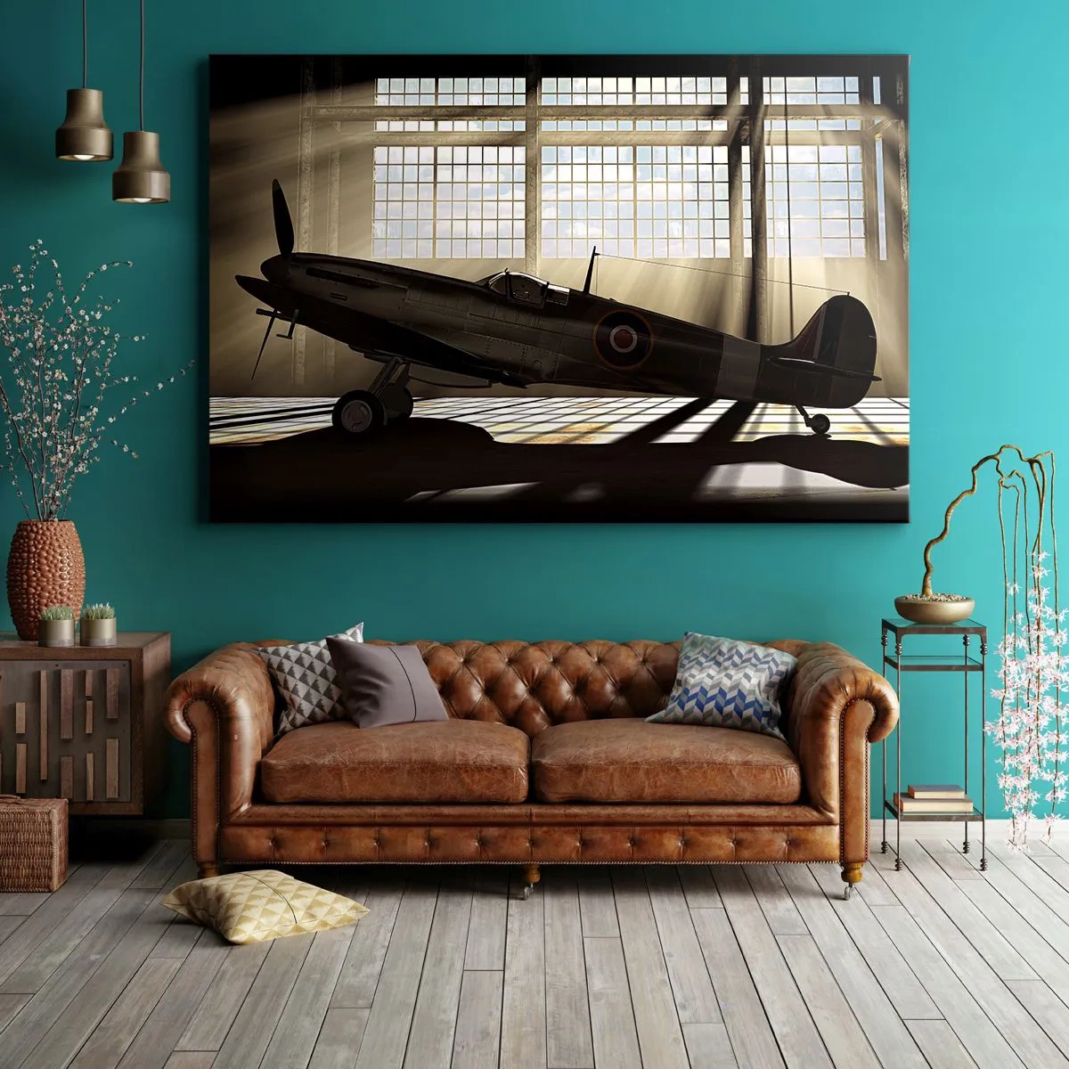 Quadro em tela - Um avião histórico em um hangar iluminado pela luz do sol - 70x50cm - Descanso do guerreiro - Decoração de parede moderna para a sala de estar e quarto ARTTOR