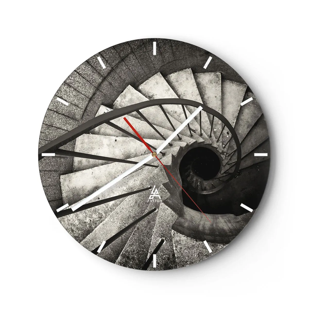 Relógio de parede - Relógio em vidro - Escada em espiral preta e branca com vista para baixo e disposição geométrica dos degraus - 30x30cm - Suba as escadas, desça as escadas - Decoração de parede moderna para a sala de estar, cozinha e quarto ARTTOR