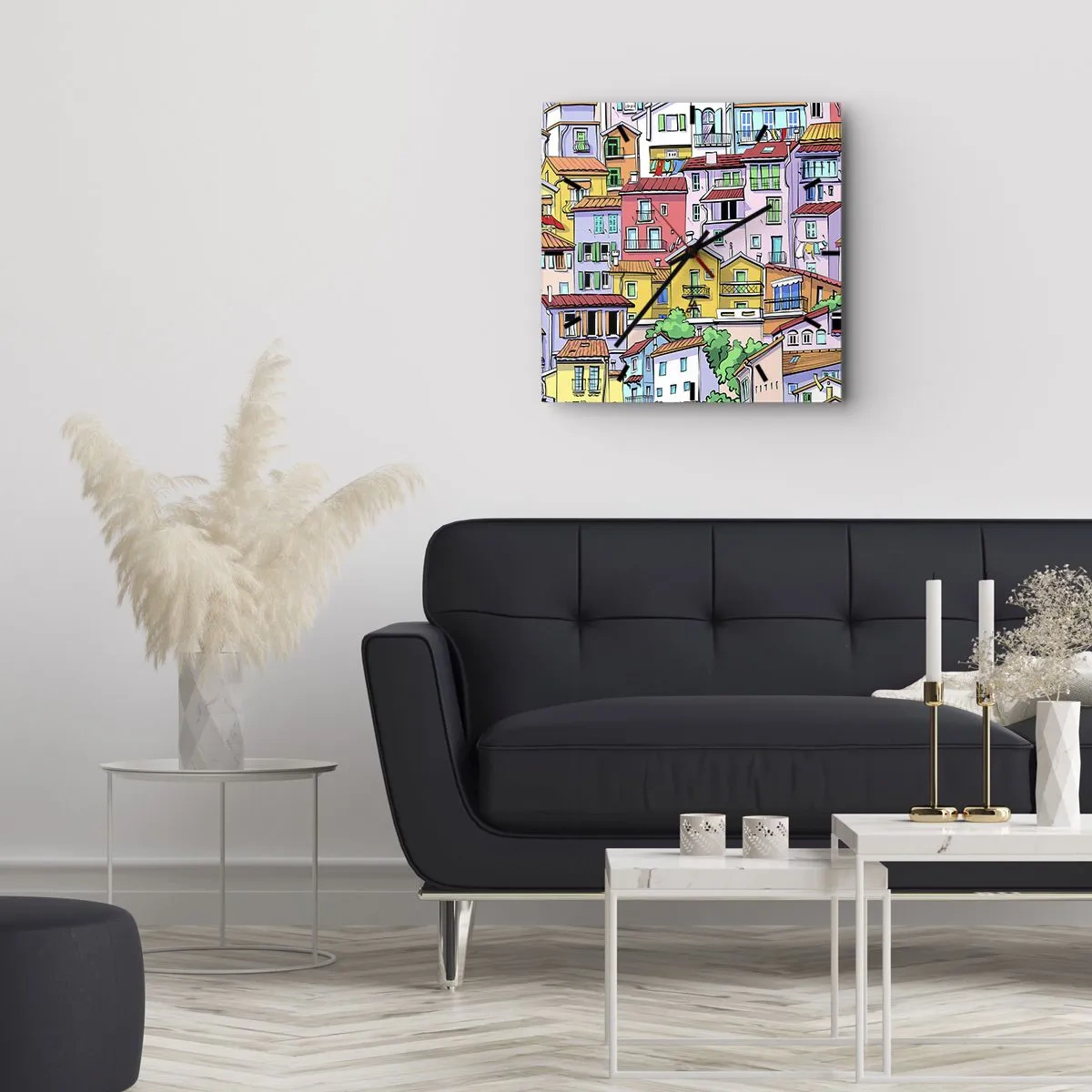 Relógio de parede - Relógio em vidro - Cidade divertida - 40x40 cm