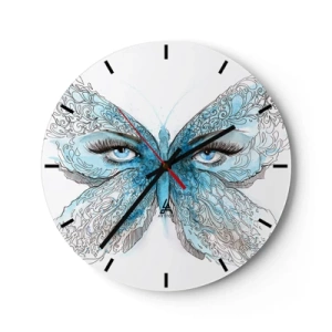 Relógio de parede - Relógio em vidro - Borboleta azul com detalhes nos olhos e delicado padrão artístico - 30x30cm - Borboleta eros - Decoração de parede moderna para a sala de estar, cozinha e quarto ARTTOR