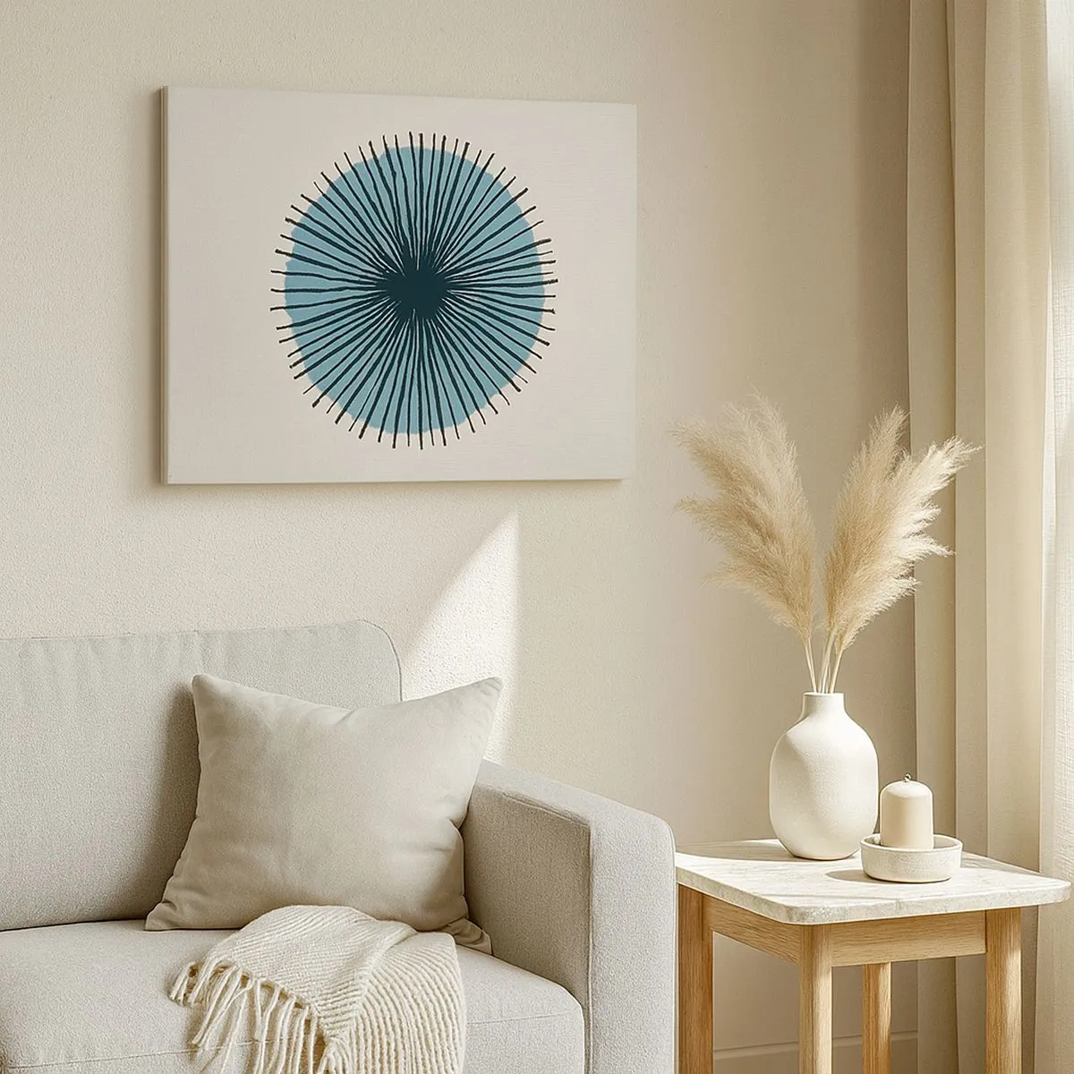 Quadro em tela - Forma circular abstrata com raios azuis - 70x50cm - Radiante sobre o azul - Decoração de parede moderna para a sala de estar e quarto ARTTOR
