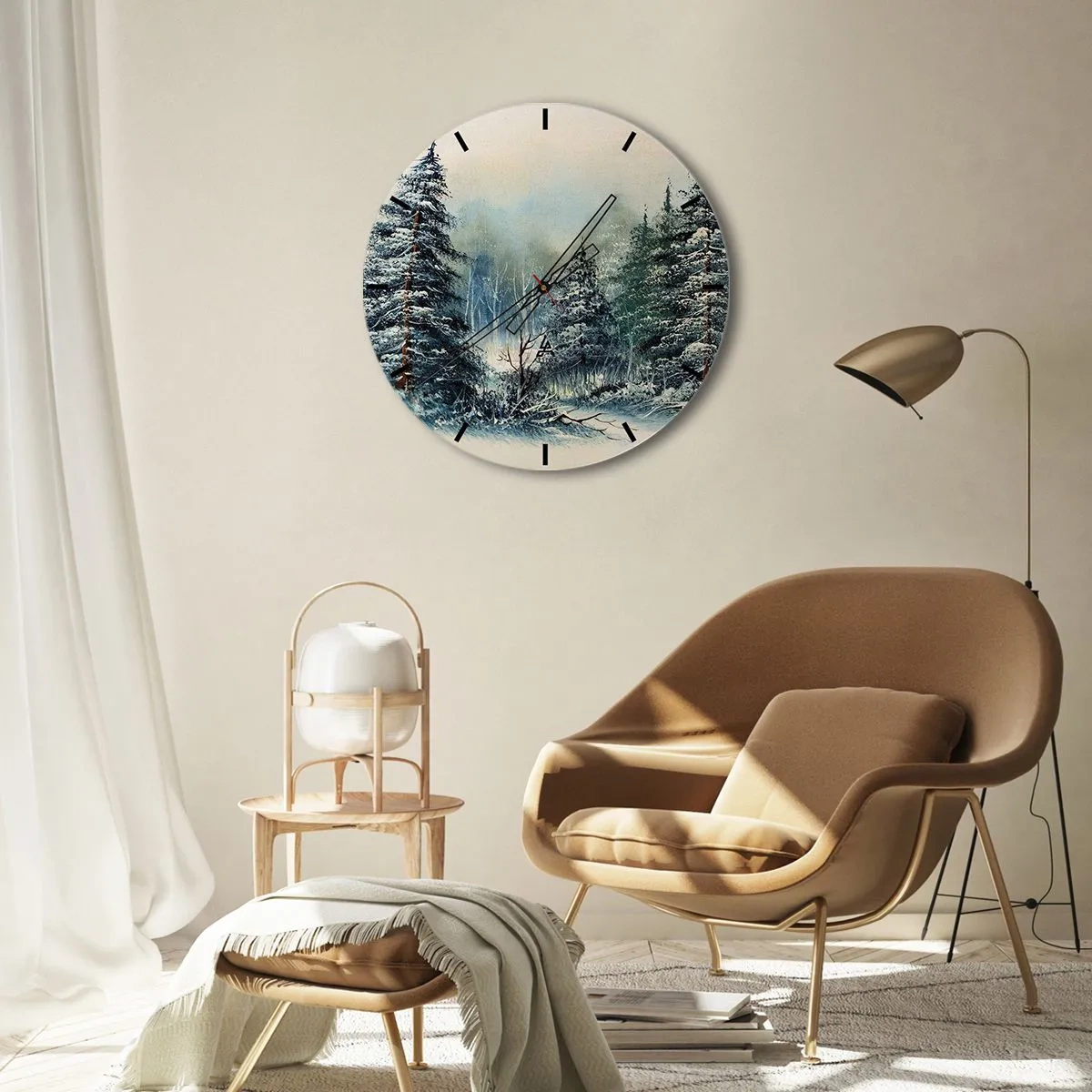 Relógio de parede - Relógio em vidro - Paisagem de inverno com árvores cobertas de neve em um cenário de floresta - 30x30cm - Prontas para o Natal - Decoração de parede moderna para a sala de estar, cozinha e quarto ARTTOR