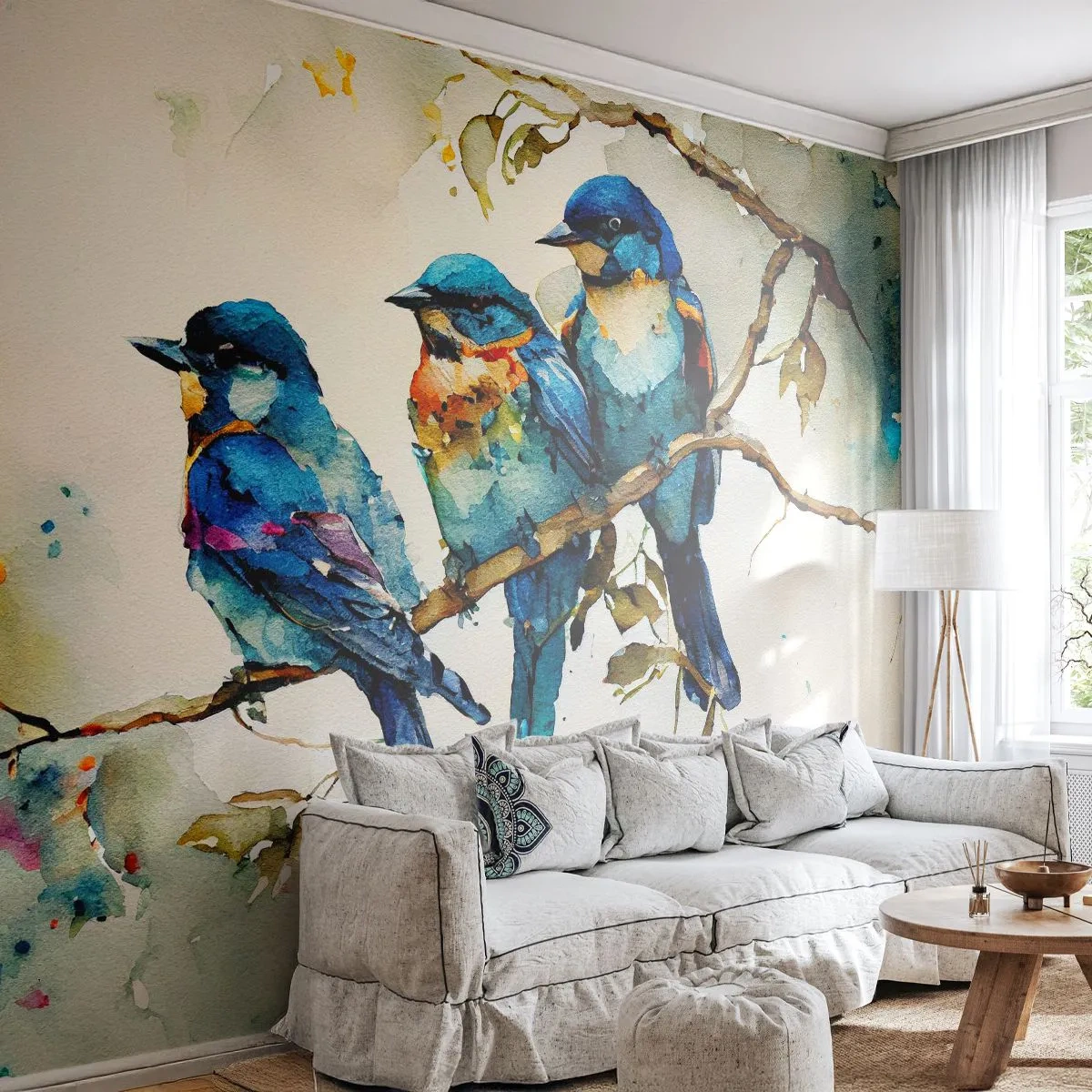 Papel de Parede Standard Eco - Ele ficou ofendido? - Pássaros, Natureza, Aquarela - 350x256 cm