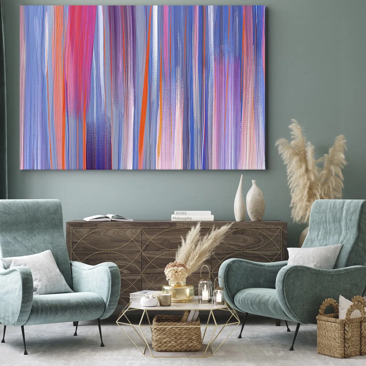 Quadro em tela - Linhas verticais abstratas em tons de azul e rosa - 70x50cm - Ascensão - Decoração de parede moderna para a sala de estar e quarto ARTTOR
