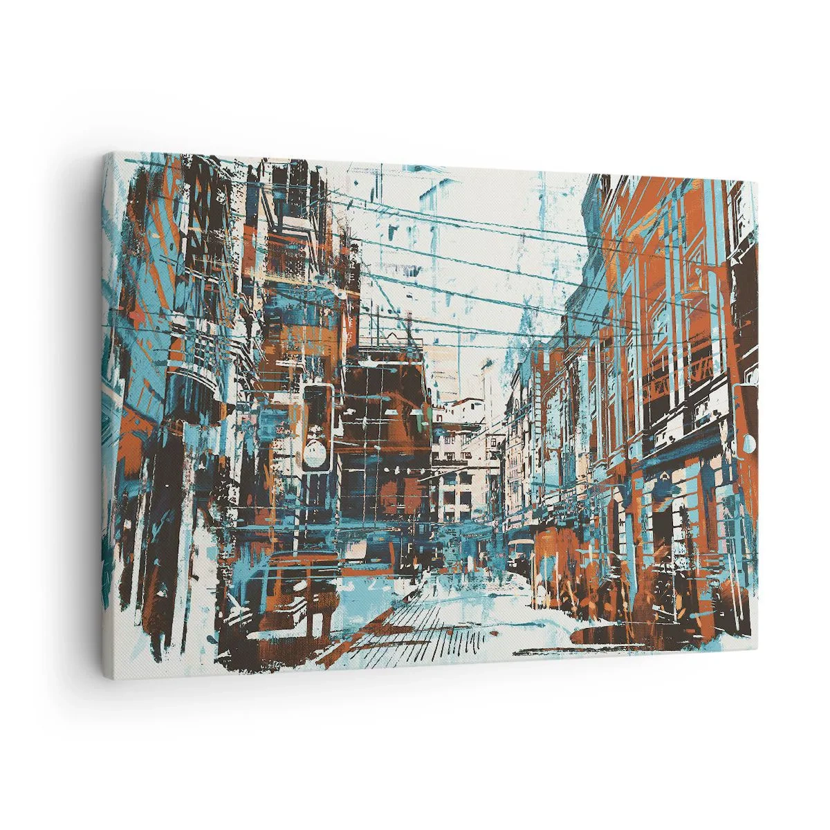 Quadro em tela - Uma paisagem urbana em tons de azul e laranja - 70x50cm - Um desgastado percurso urbano - Decoração de parede moderna para a sala de estar e quarto ARTTOR