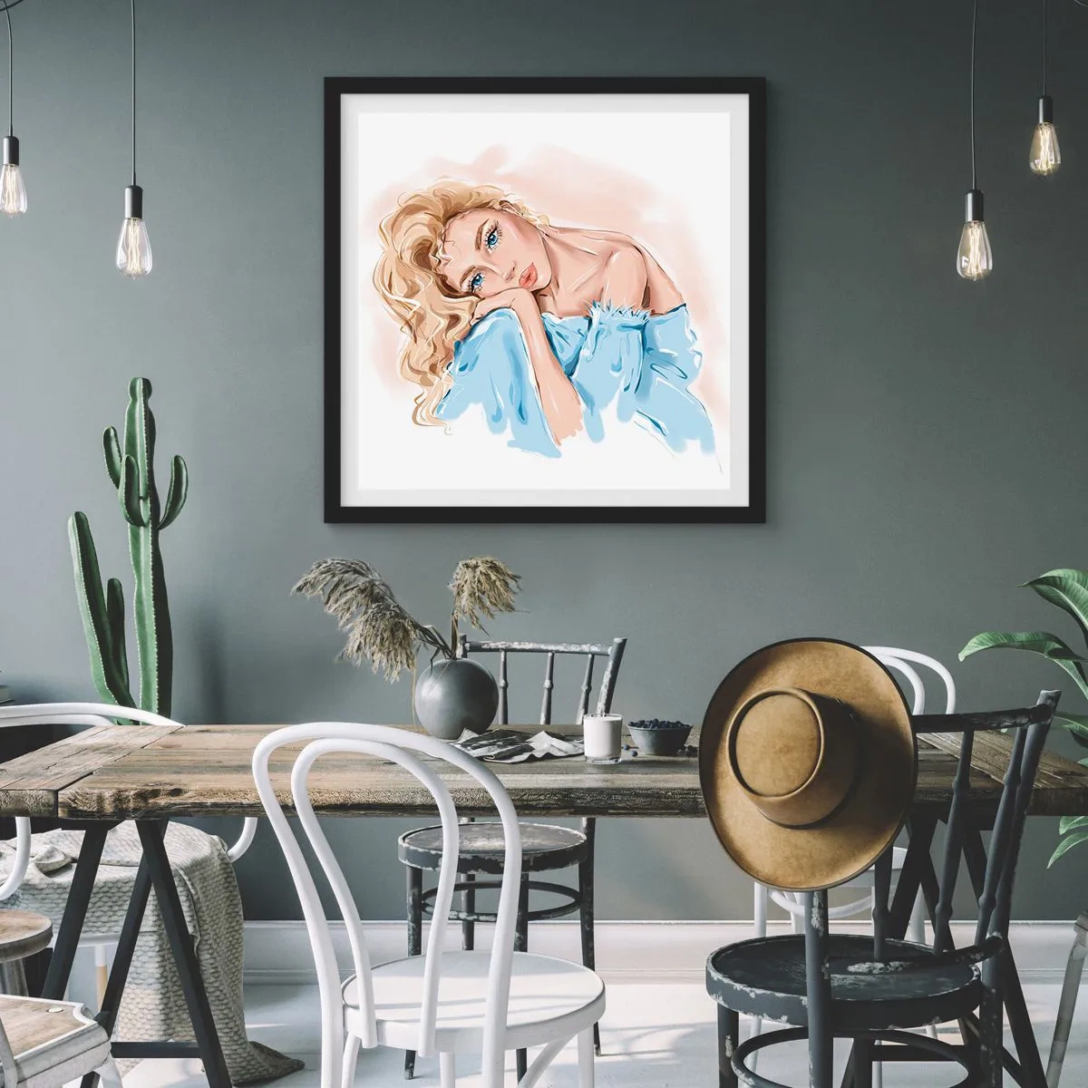 Pôster com moldura preta - Sonhadora em azul - 60x60 cm