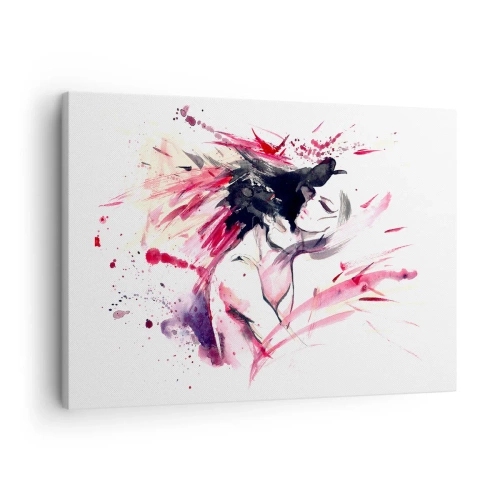 Quadro em tela - Retrato abstrato de uma mulher com detalhes vermelhos dinâmicos - 70x50cm - Realização amorosa - Decoração de parede moderna para a sala de estar e quarto ARTTOR