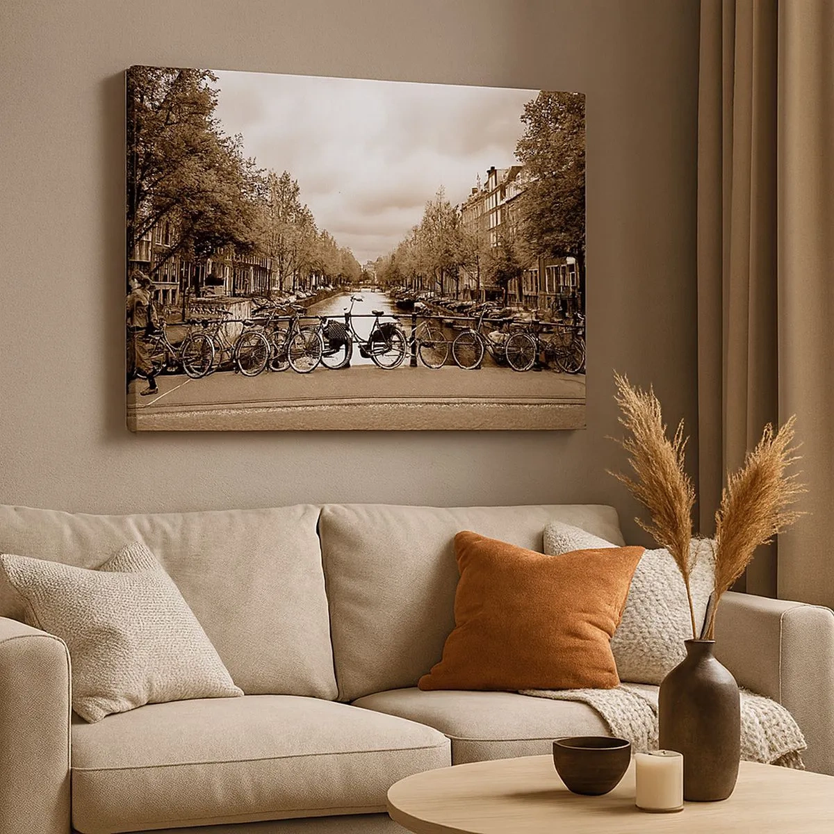 Quadro em tela - Ponte de bicicleta sobre o canal em sépia - 70x50cm - Vibrações holandesas - Decoração de parede moderna para a sala de estar e quarto ARTTOR