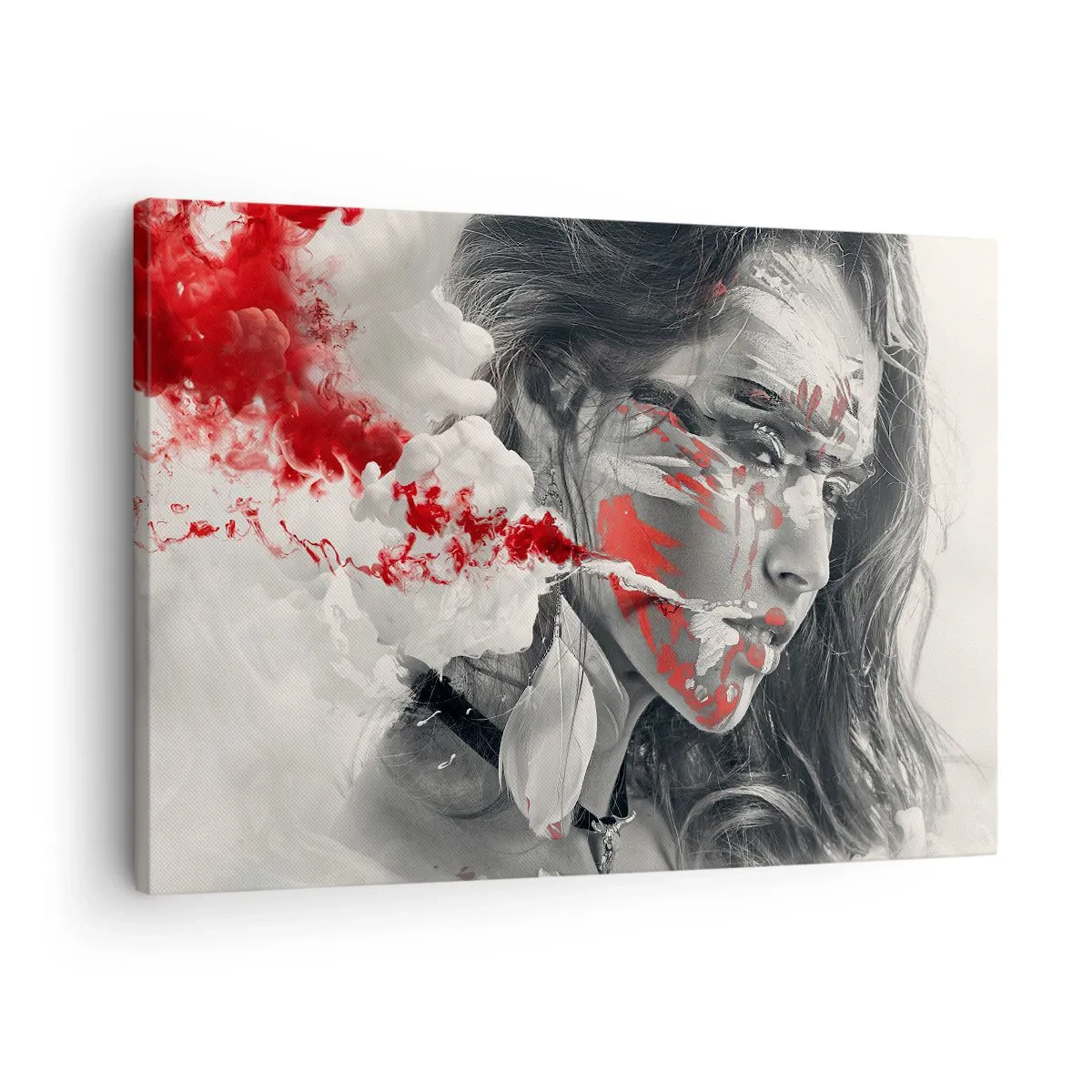 Quadro em tela - Retrato artístico de uma mulher com detalhes abstratos em vermelho - 70x50cm - Nos fumos do absurdo - Decoração de parede moderna para a sala de estar e quarto ARTTOR