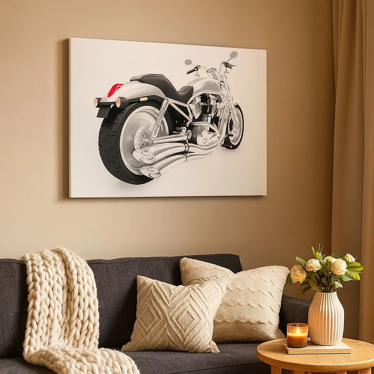 Quadro em tela - Motocicleta cromada em fundo branco - 70x50cm - O sonho de um colecionador - Decoração de parede moderna para a sala de estar e quarto ARTTOR