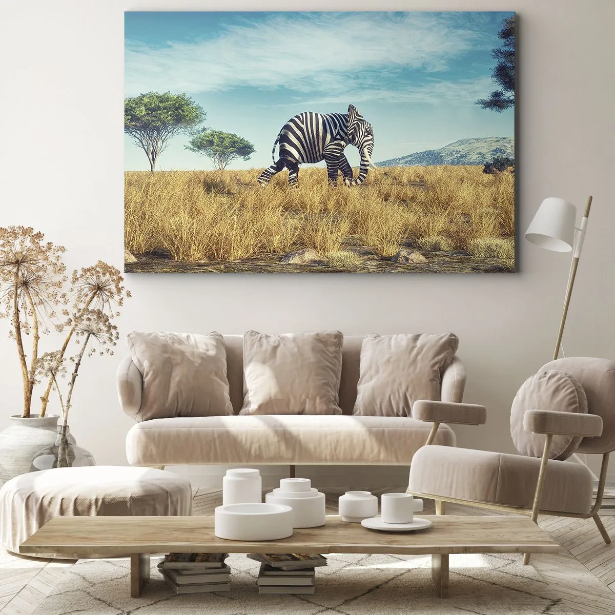 Quadro em tela - Zebra em uma paisagem africana - 70x50cm - Cinza não está mais na moda - Decoração de parede moderna para a sala de estar e quarto ARTTOR