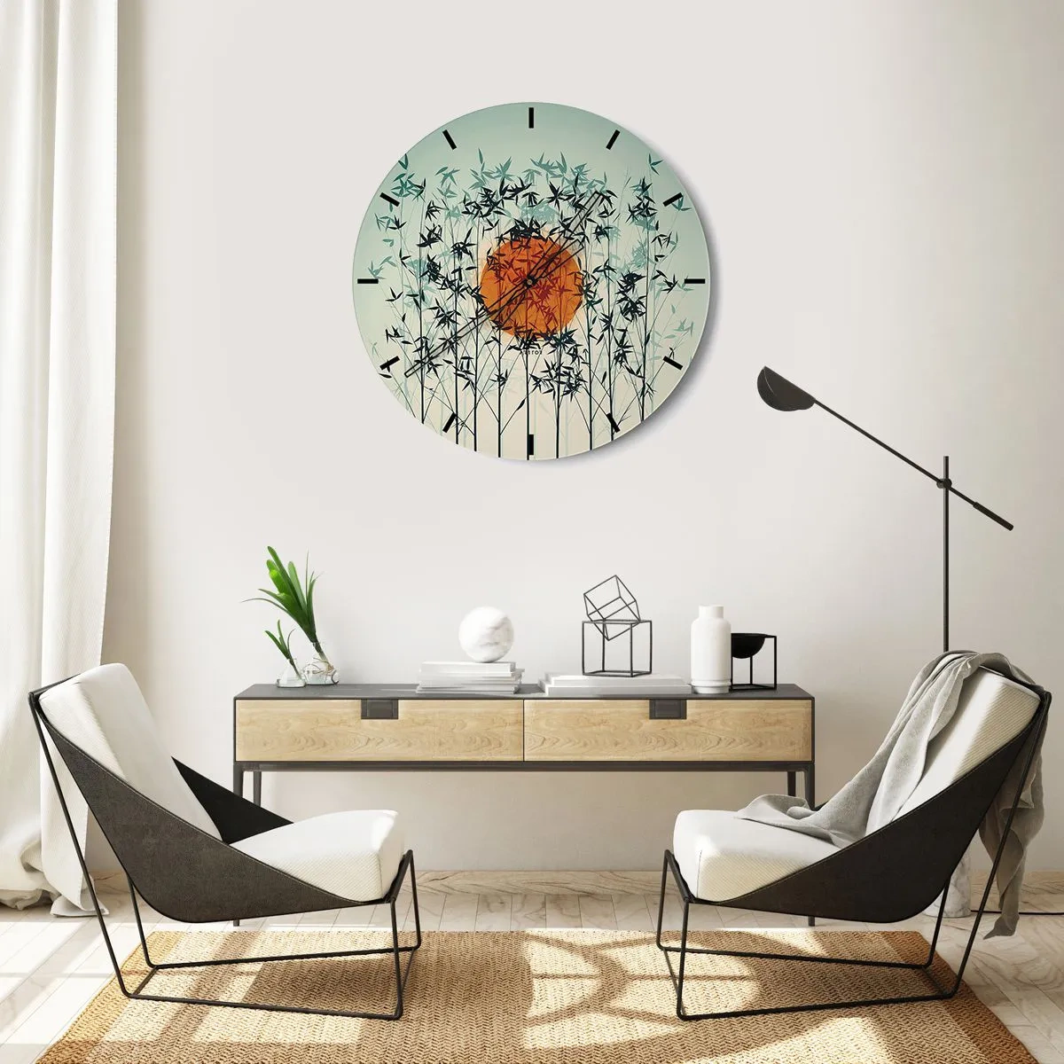 Relógio de parede - Relógio em vidro - Folhas de bambu contra o sol laranja e o céu brilhante - 30x30cm - Sol japonês - Decoração de parede moderna para a sala de estar, cozinha e quarto ARTTOR