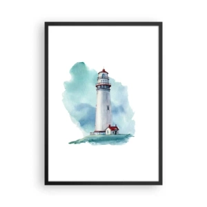 Pôster com moldura preta - Uma ilustração pictórica de um farol cercado por um céu azul. - 50x70cm - A gentil irmã do azul - Decoração de parede moderna para a sala de estar e quarto ARTTOR
