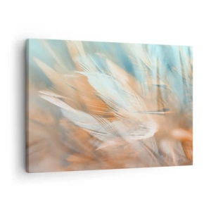 Quadro em tela - Penas delicadas em tons pastéis de azul e laranja - 70x50cm - Na terra da gentileza - Decoração de parede moderna para a sala de estar e quarto ARTTOR