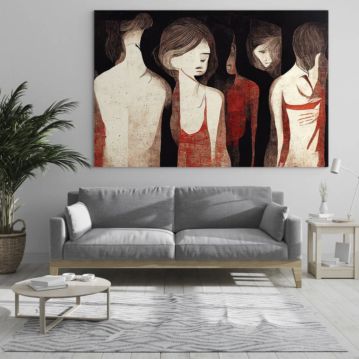 Quadro em vidro - Silhuetas femininas abstratas em vermelho sobre fundo preto - 70x50cm - Madonas das trevas - Decoração de parede moderna para a sala de estar e quarto ARTTOR