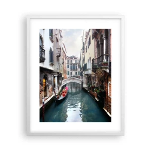 Pôster em moldura branca - Paisagem veneziana com gôndola e ponte - 40x50 cm